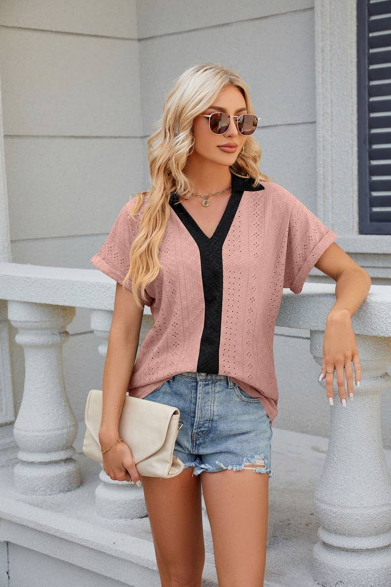 CWTTS0832_V-Neck Short Sleeve Knit Top