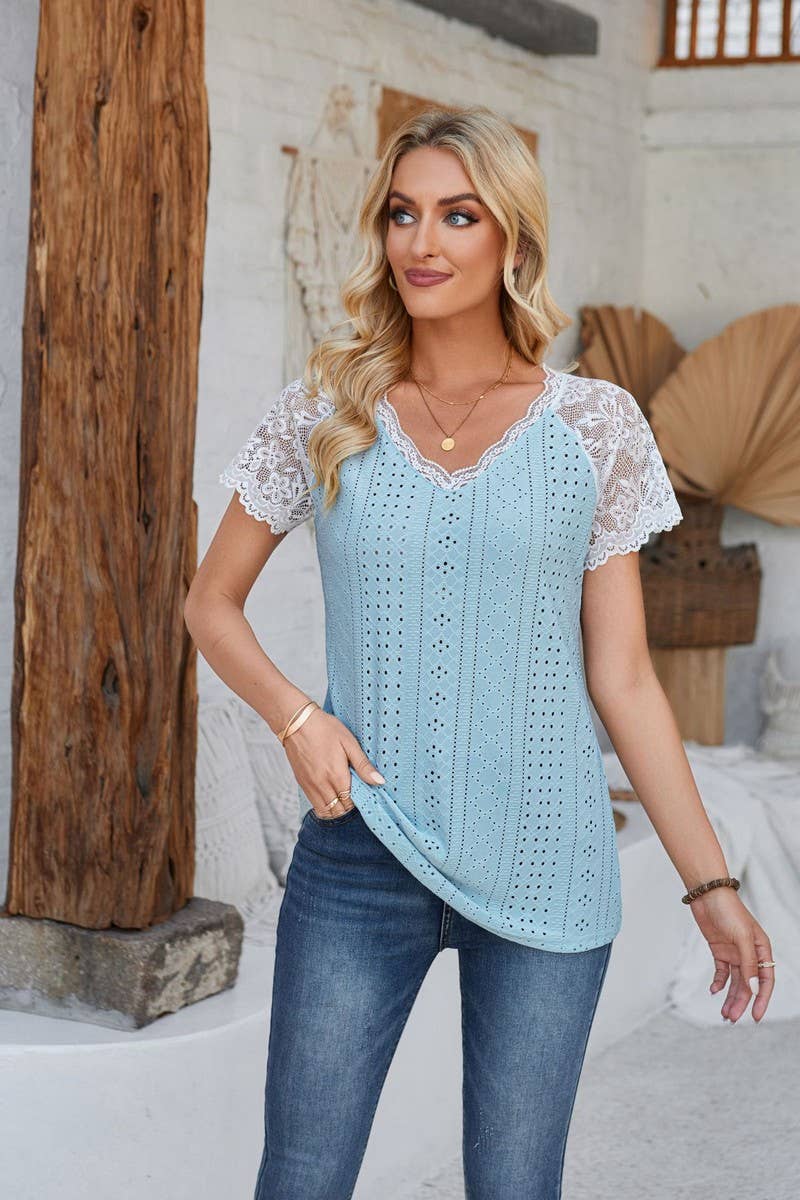 CWTTS00707_SUMMER LACE PATCHWORK SHORT-SLEEVED T-SHIRT