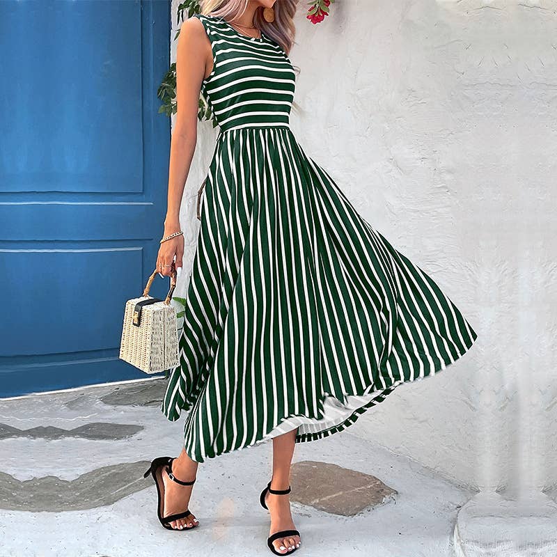 Crew-neck striped sleeveless long swing dress