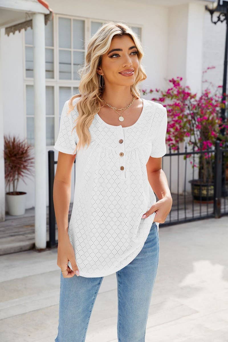 CWTBLS0435_Round Neck Short Sleeve Blouse