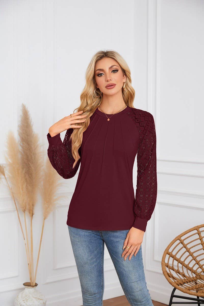 CWTBLL4096_LACE PANEL ROUND NECK PLEATED LONG SLEEVE TOP