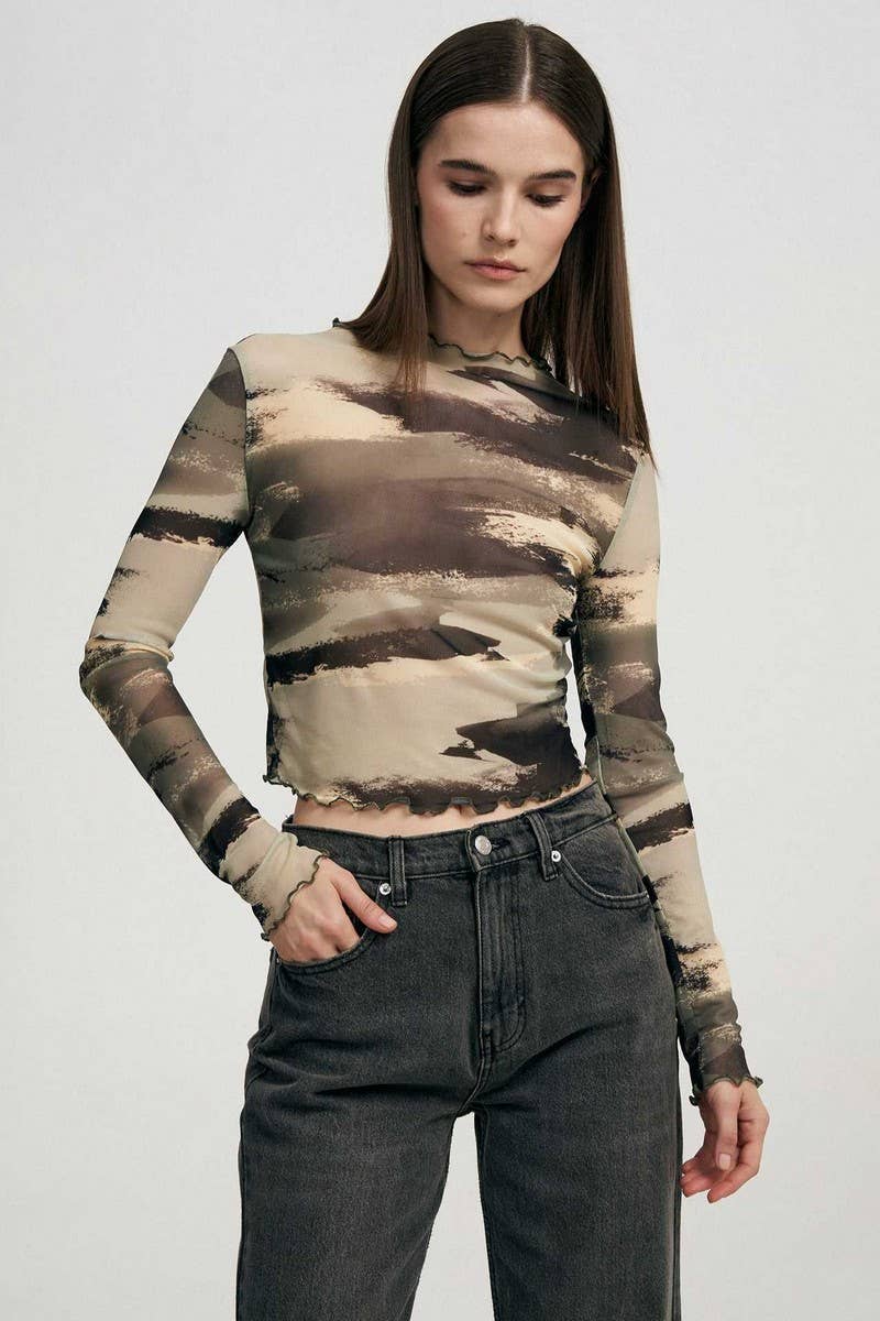 CWTBLL3948_SEXY LEOPARD MESH PRINT SLIM FIT TEE TOP