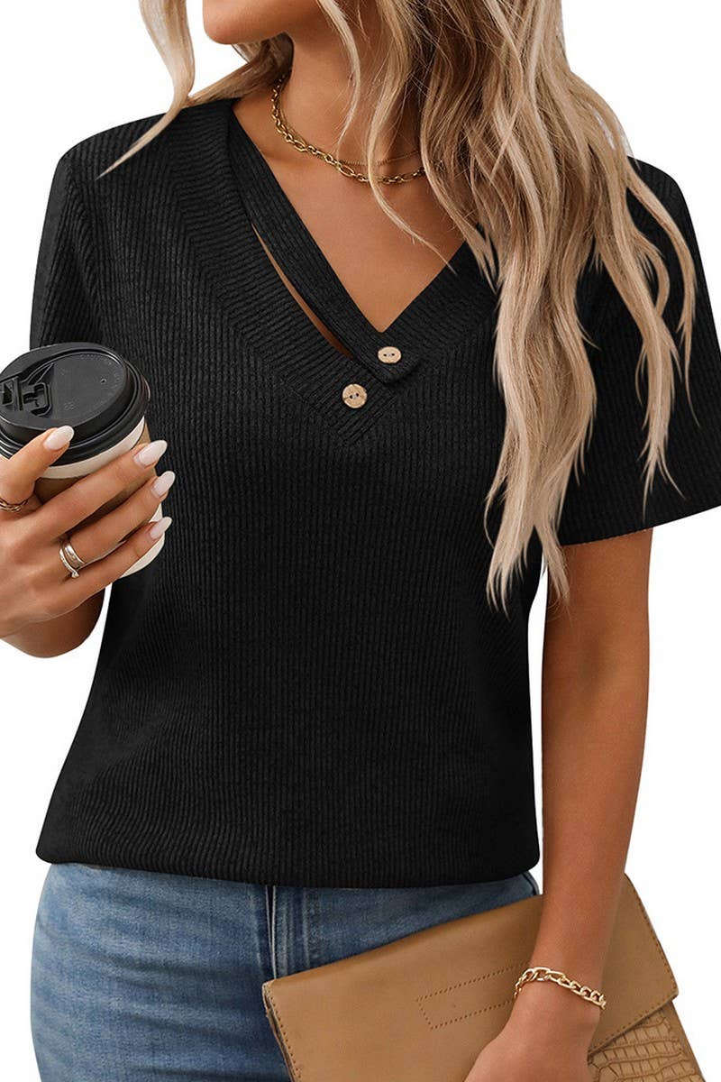 CWOSWS0133_KNITTED RIBBED V-NECK BUTTON SHORT SLEEVE TOP