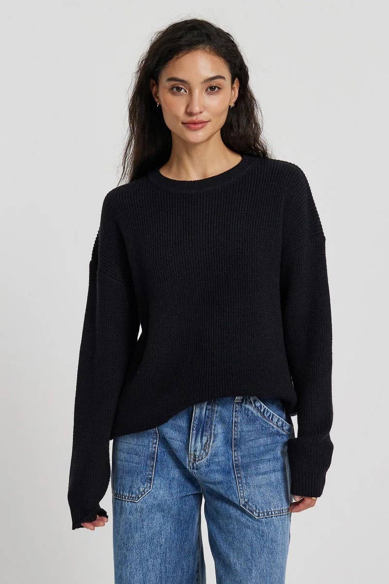 CWOSWL5239_ROUND NECK LONG SLEEVE PULLOVER KNITTED SWEATER