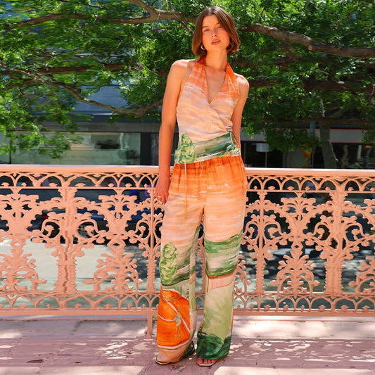 Casual halter wide-leg pants printed Jumpsuit