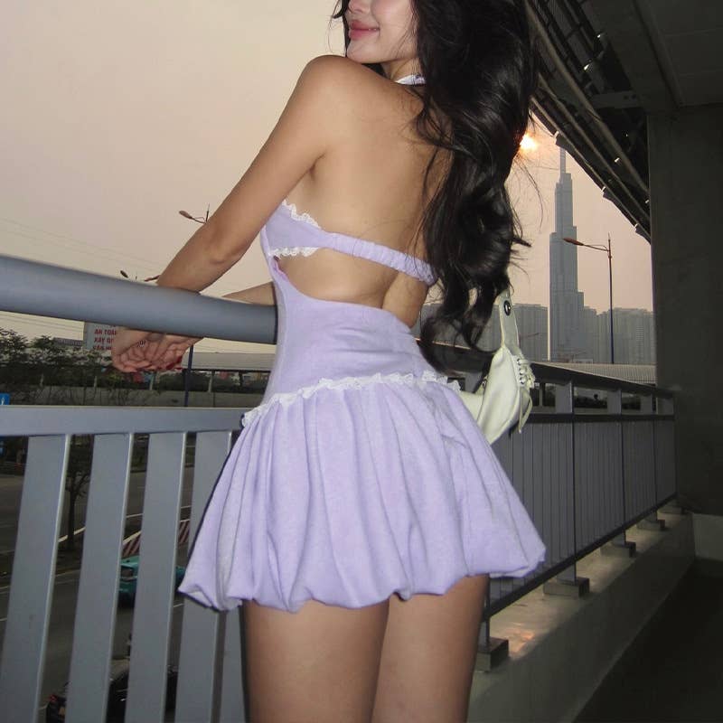 Elegant deep V-neck sexy backless halter dress