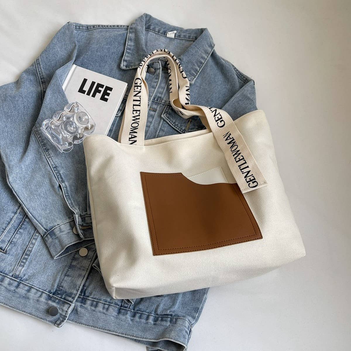 PRINTED PATCHWORK CONTRAST COLOR CANVAS BAG_CWAB2692