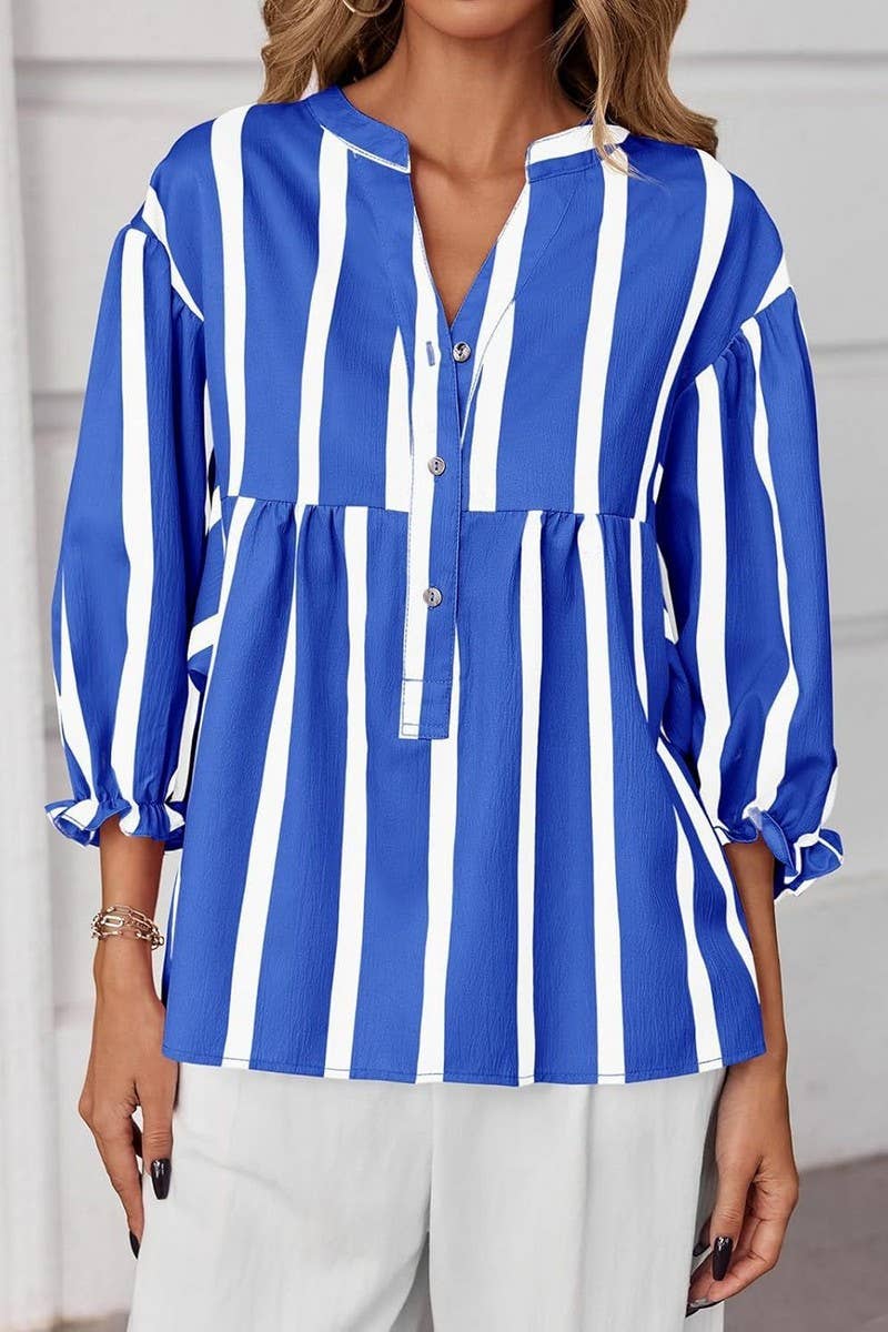 CWTBLL01203_2025 SUMMER FALL STRIPED PUFF SLEEVE BLOUSE