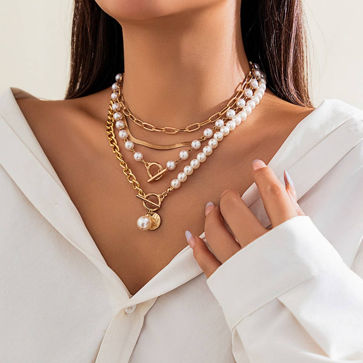 NICHE IMITATION PEARL OT BUCKLE TASSEL NECKLACE_CWAJE1805