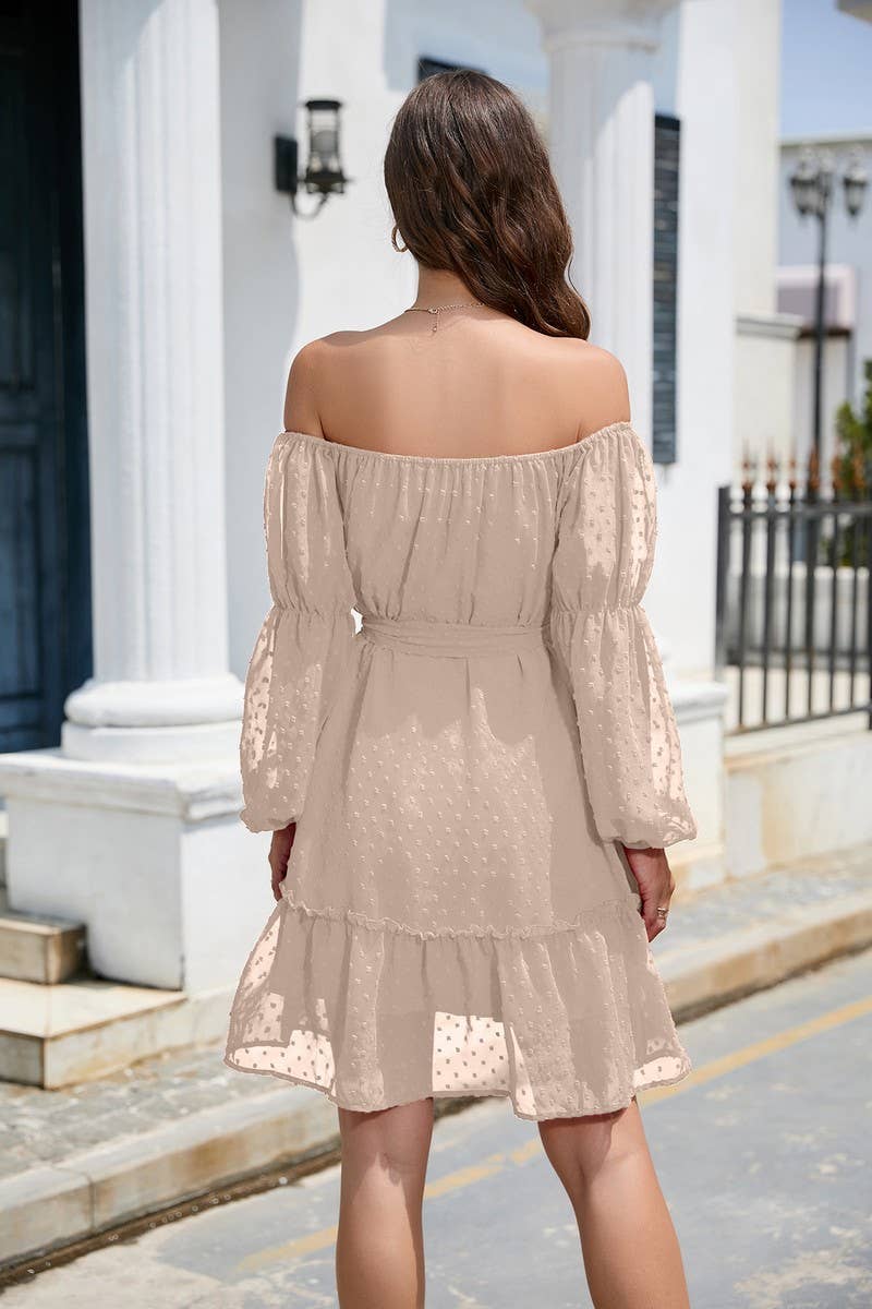 CWDSD8400_OFF SHOULDER POM POM CHIFFON BELTED DRESS