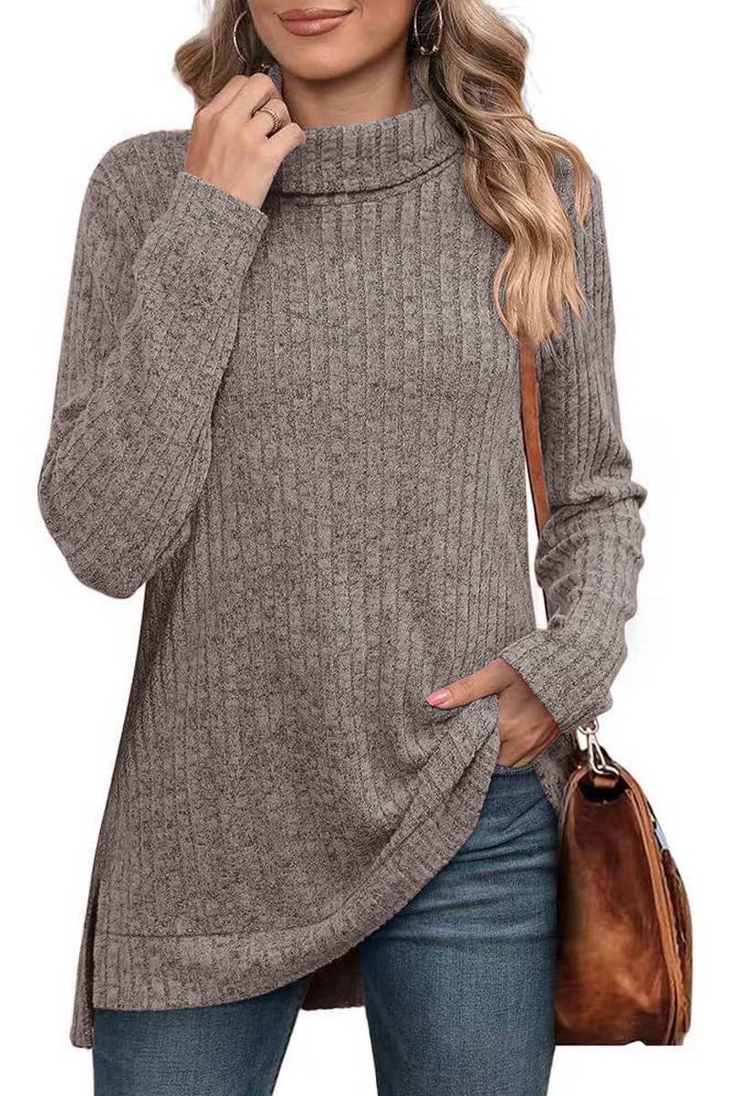 CWOSWL6106_SOLID COLOR HIGH COLLAR SLIT RIBBED BOTTOMING TOP