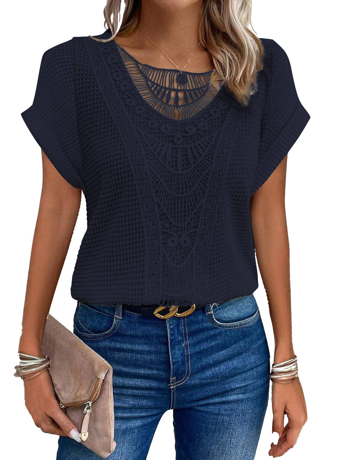 CUT-OUT LACE PATCHWORK SHORT SLEEVE T-SHIRT