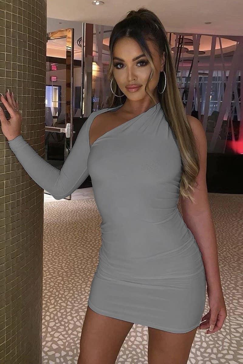 CWDSD10786_SEXY ONE SHOULDER LONG SLEEVE BODYCON DRESS