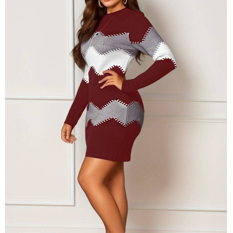 CREW-NECK LONG-SLEEVED KNIT DRESS WITH HIP WRAP