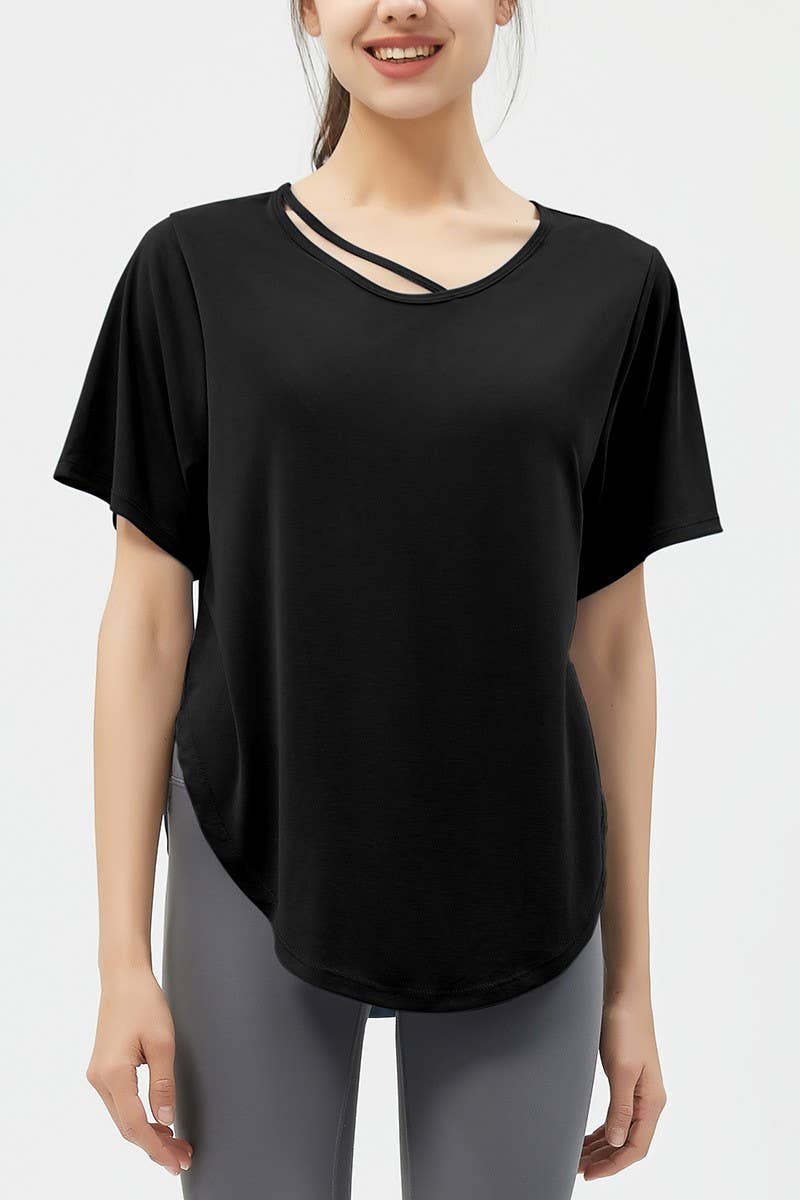 CWTBLS1469_LOOSE SHORT-SLEEVED SOLID COLOR SPORTS TOP