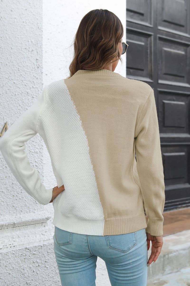 CWOSWL4087_CONTRAST COLOR CABLE KNITTED LONG SLEEVE SWEATER