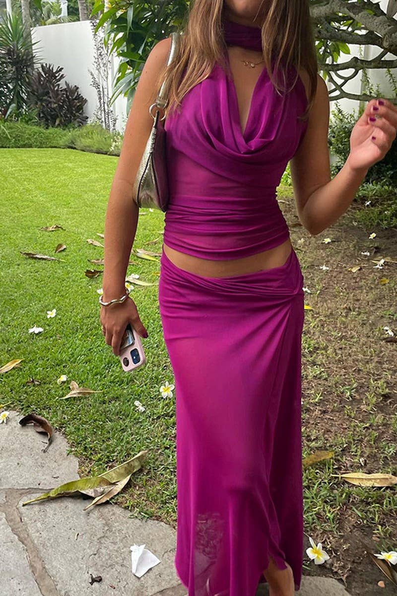 CWSS1111_ELEGANT HALTER MESH TOP AND SKIRT SET