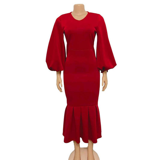 FASHION PLUS SIZE VNECK LONG SLEEVE FISHTAIL DRESS_CWDMD3671