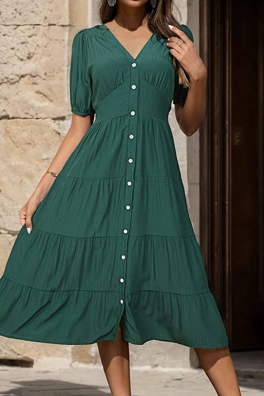 CWDSD2768_Button Down Short Sleeve V-Neck Dress