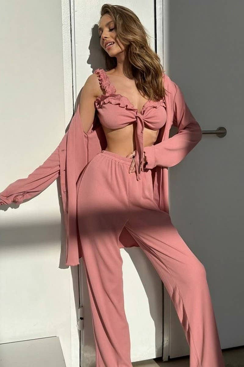 CWSPJ0355_KNITTED SOLID COLOR PAJAMAS THREE PIECE SET