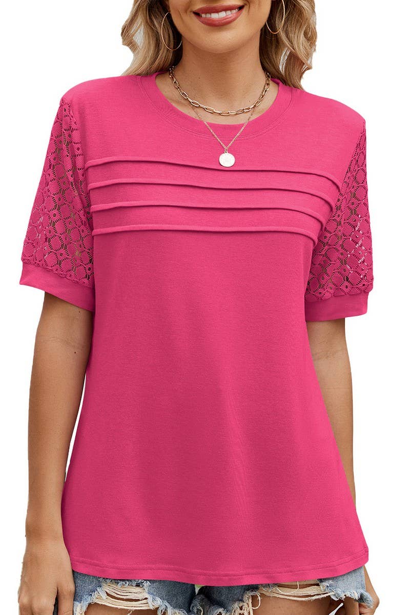 CWTBLS1726_SOLID COLOR ROUND NECK LACE SLEEVE T-SHIRT TOP