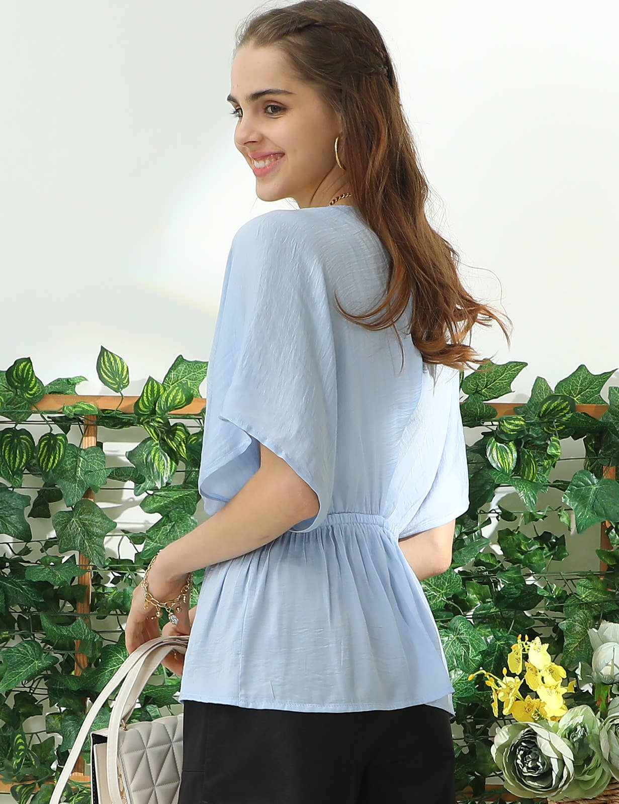 CWTBLS205_V NECK BATWING SLEEVE SLIK BLOUSE TOP