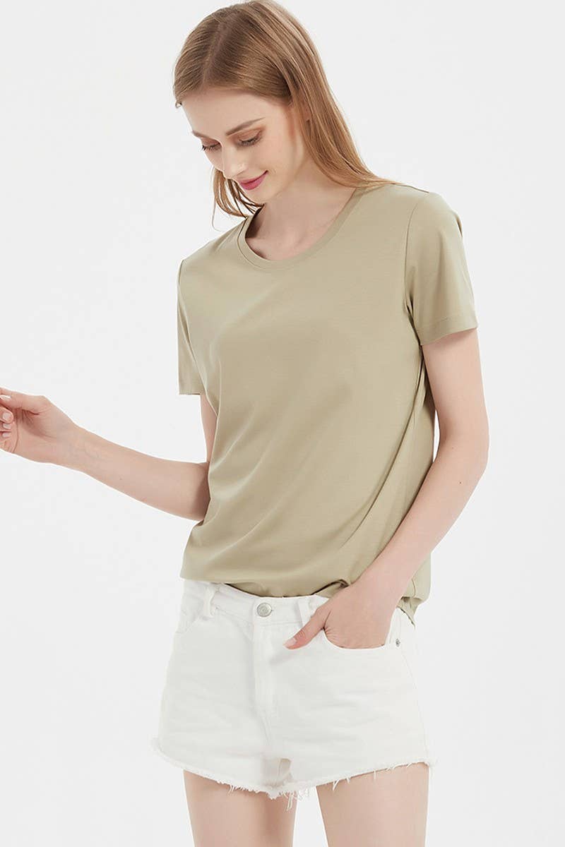 CWTTS1040_SOLID COLOR CASUAL ROUND NECK WOMEN T-SHIRT