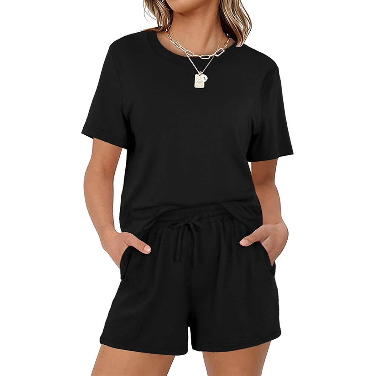 Casual elastic-lace-up pocket shorts suit