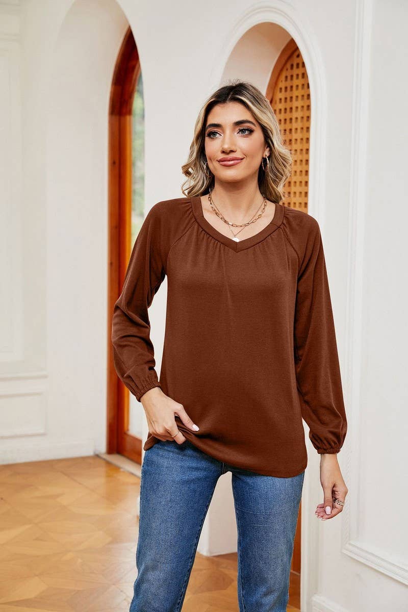 CWTBLL2370_LONG SLEEVE V NECK PLEATED LOOSE PULLOVER
