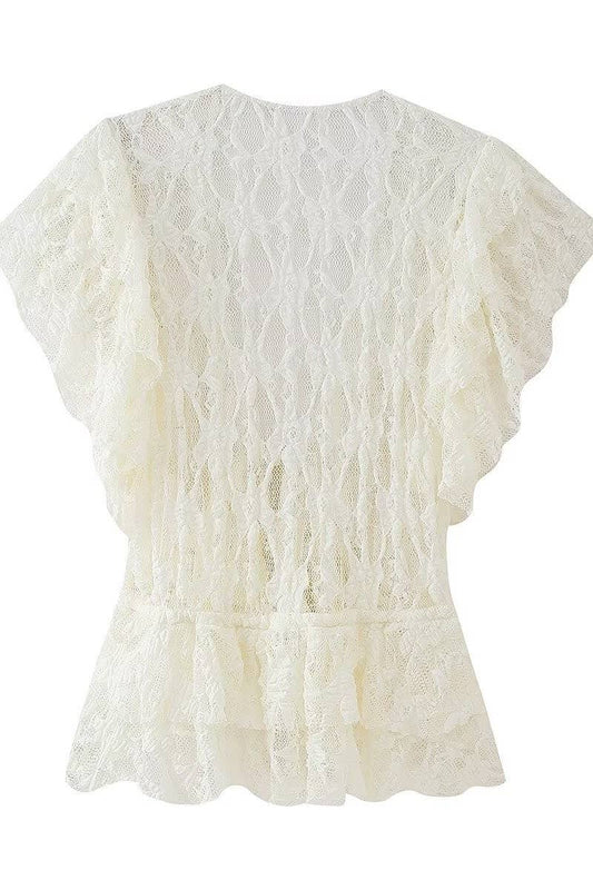 CWTTSL0361V-NECK FASHIONABLE BOW LACE TOP