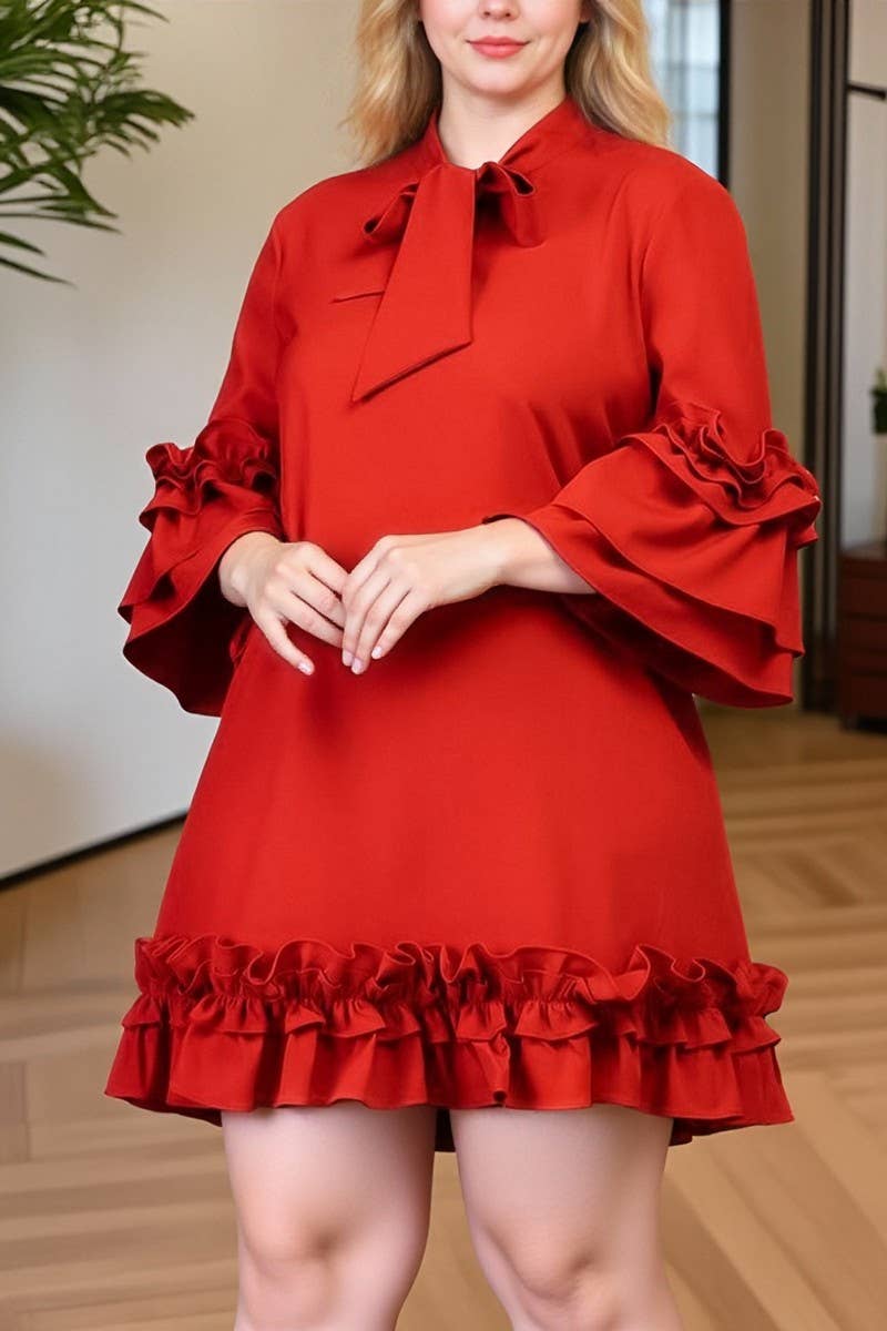 CWDSD10890_2025 PLUS SIZE WOMEN RUFFLE SLEEVE TIE WAIST DRES