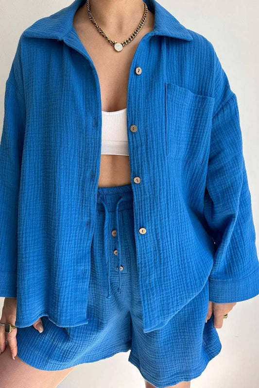 CWSTB1358_LAPEL SHIRT DRAWSTRING SHORTS TWO-PIECE SET