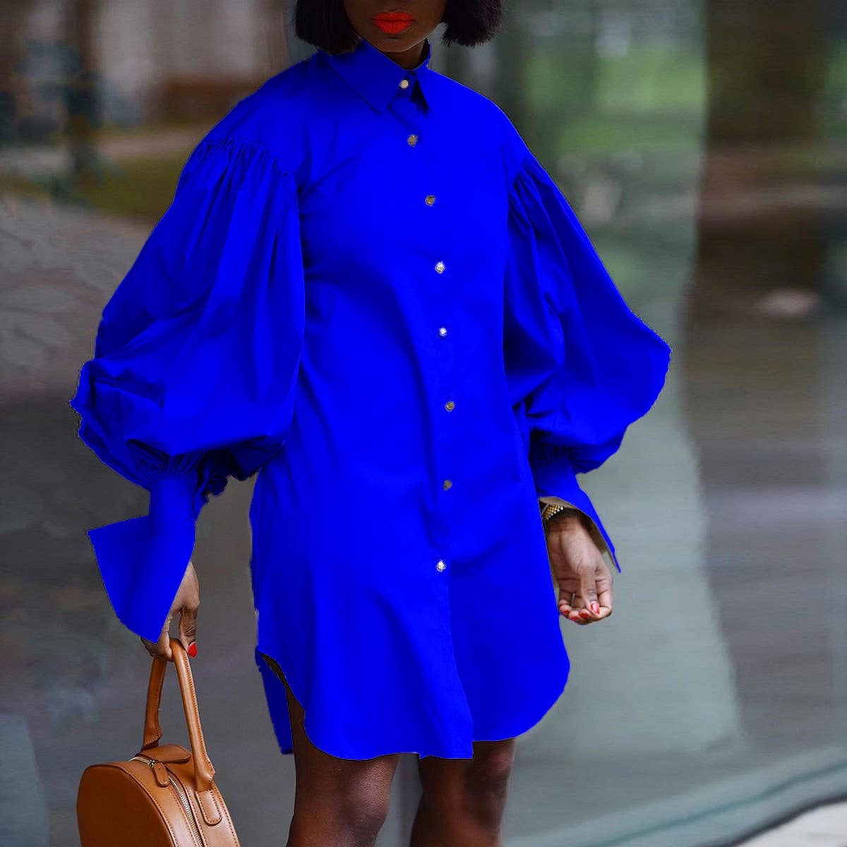 LOOSE PUFF SLEEVE SOLID COLOR CASUAL DRESS_CWDSD6067