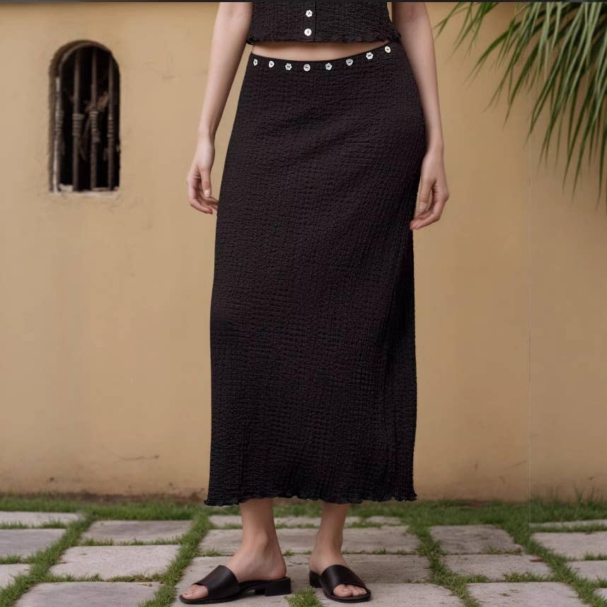 Button-down top embossed knitted long skirt set
