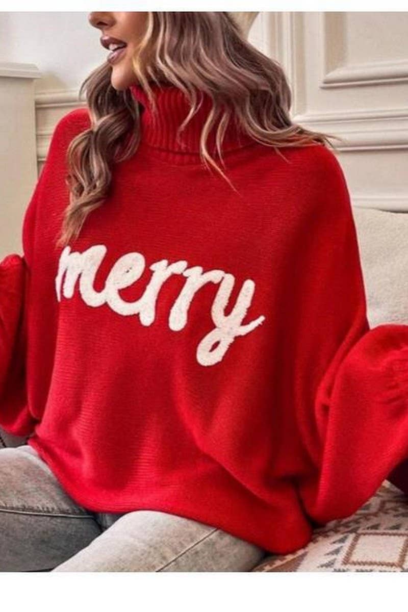 CWOSWL6261_EMBROIDERED BAT SLEEVE CHRISTMAS SWEATER