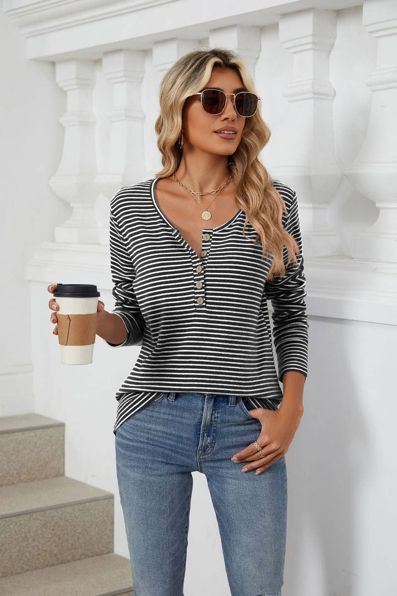 CWTBLL2353_ROUND NECK BUTTON LONG SLEEVE STRIPED CASUAL TOP