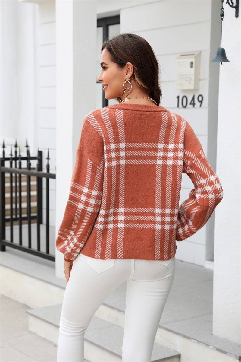 CWOSWL1693_Crew Plaid Neck Long Sleeve Pullover Sweater