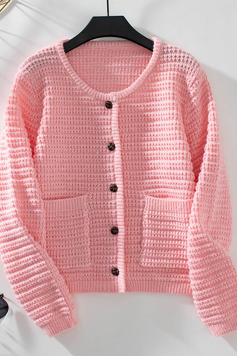 CWOCAL0865_SINGLE BREASTED ROUND NECK KNITTED CARDIGAN