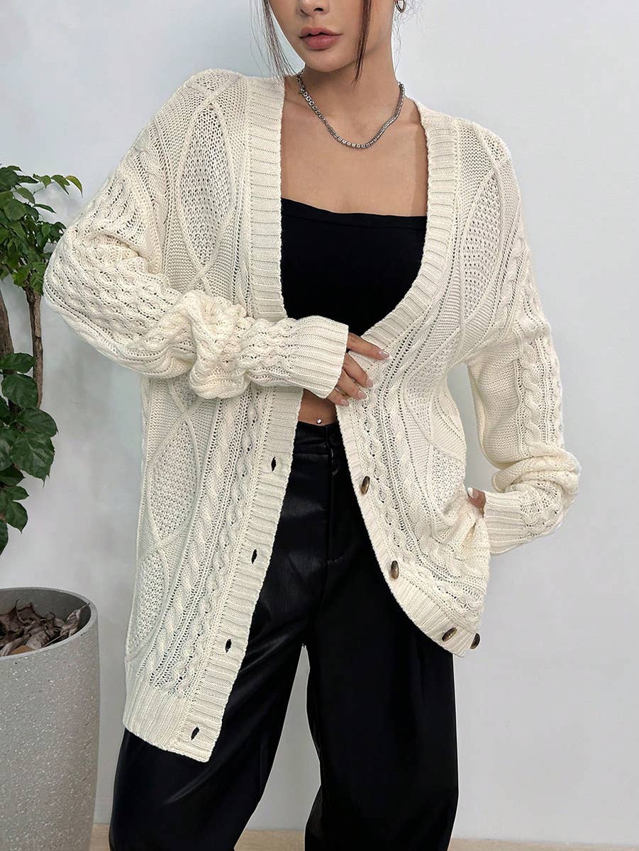 CASUAL LOOSE V-NECK MID-LENGTH KNIT CARDIGAN