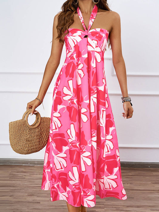 FLORAL PRINT HOLLOWED LACE HALTER LONG DRESS