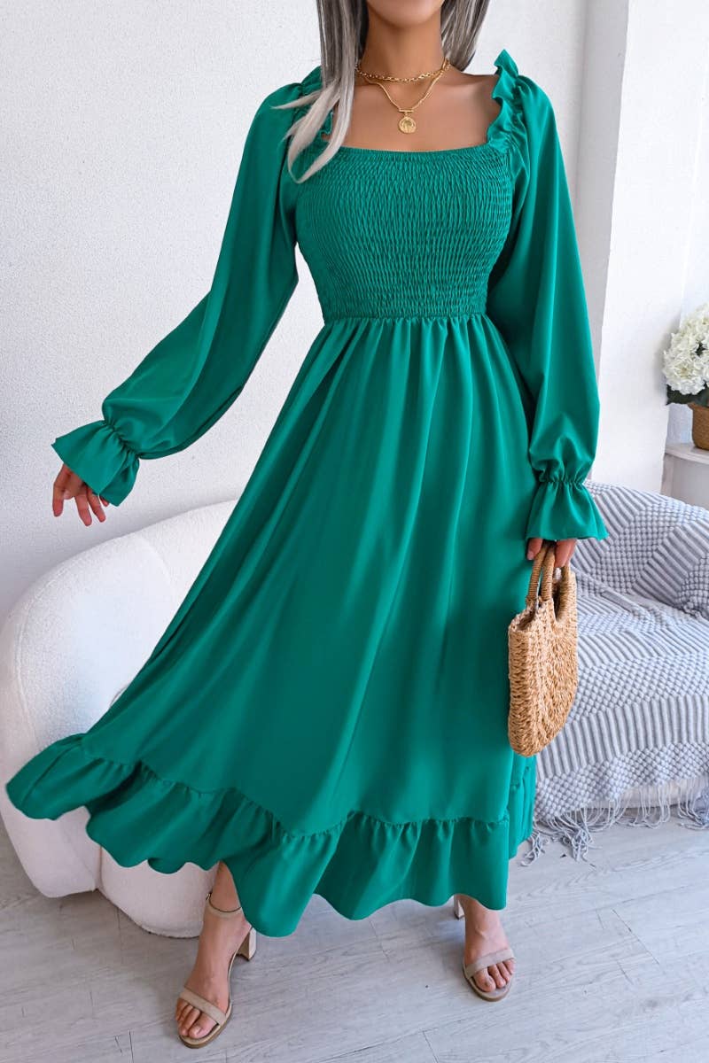 CWDMD2663_RUFFLED DRESS WITH SQUARE COLLAR FLARED SLEEVES
