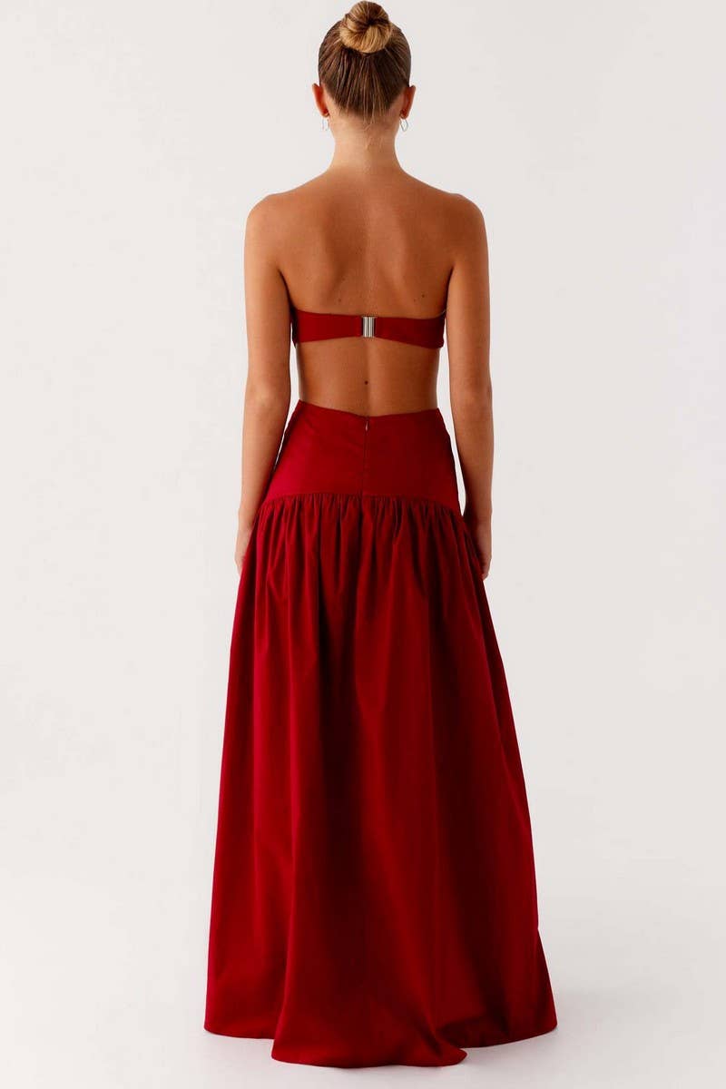 CWDTD0482_STRAPLESS RUCHED BACKLESS PATCHWORK DRESS