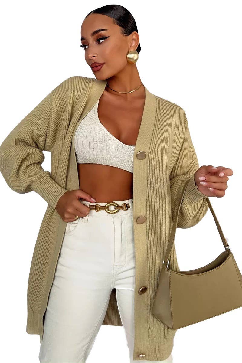 CWOCAL1481_V-NECK SOLID COLOR LENGTH KNITTED SWEATER COATS