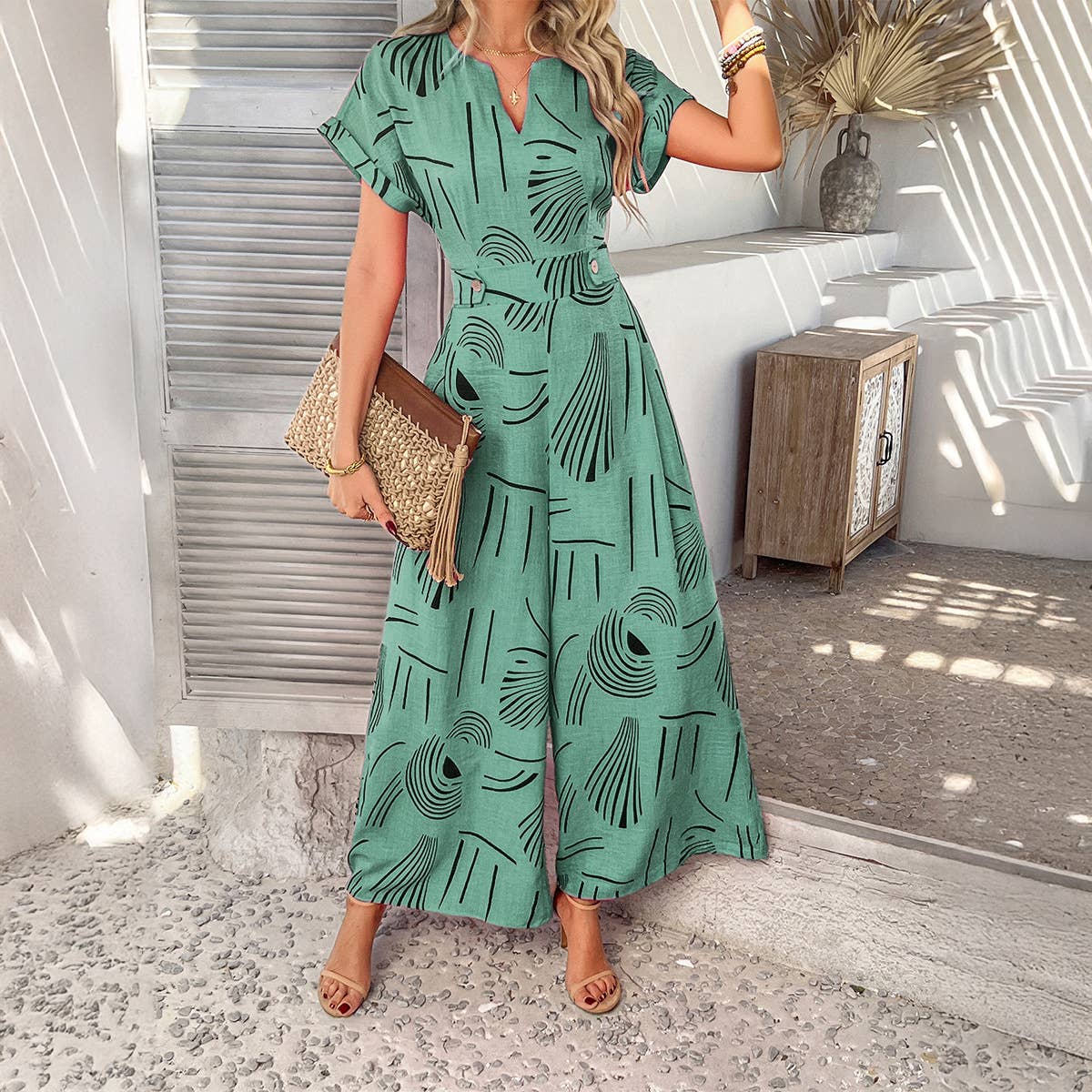 Casual holiday style wide leg one-piece trousers