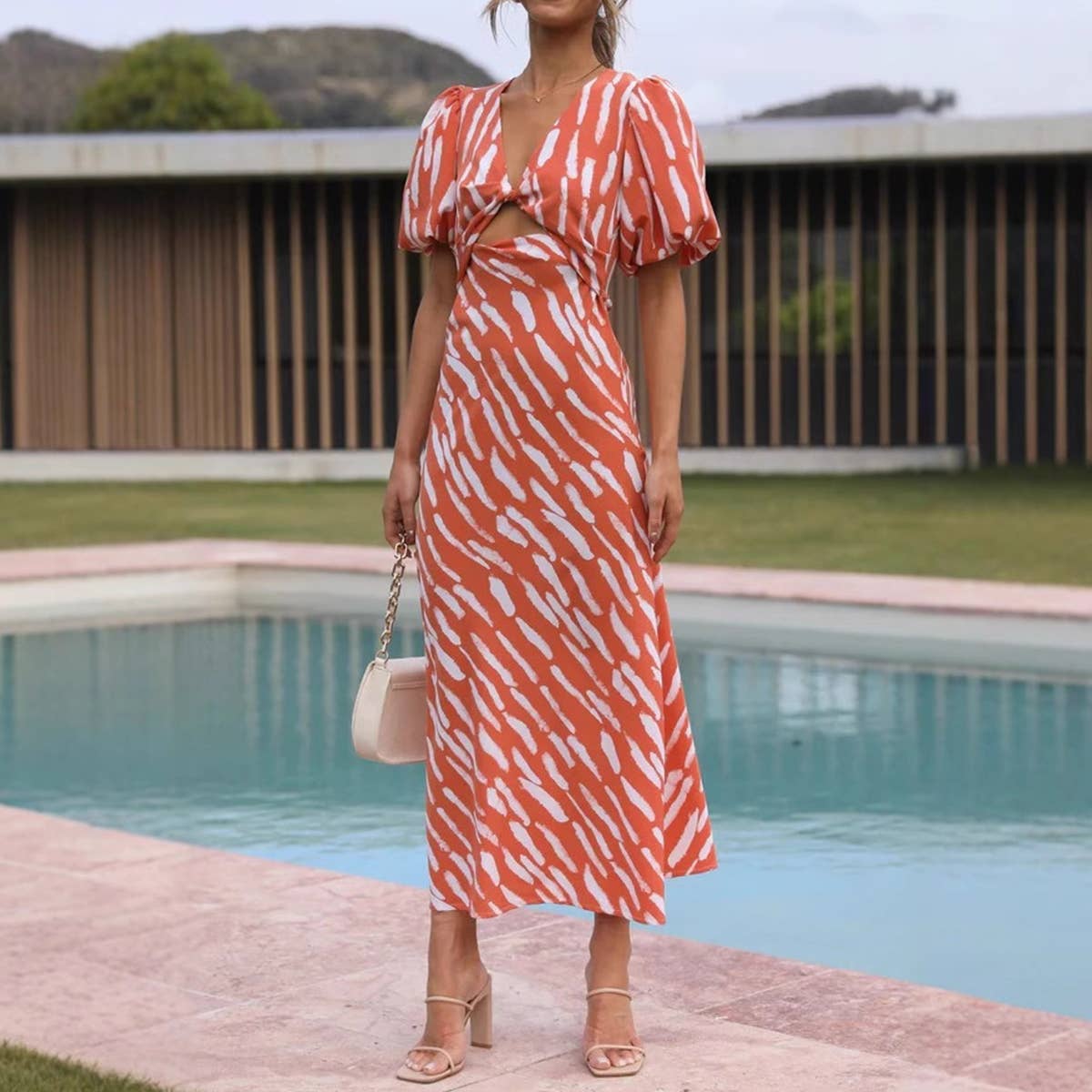 Elegant puffed sleeve irregular printed dress