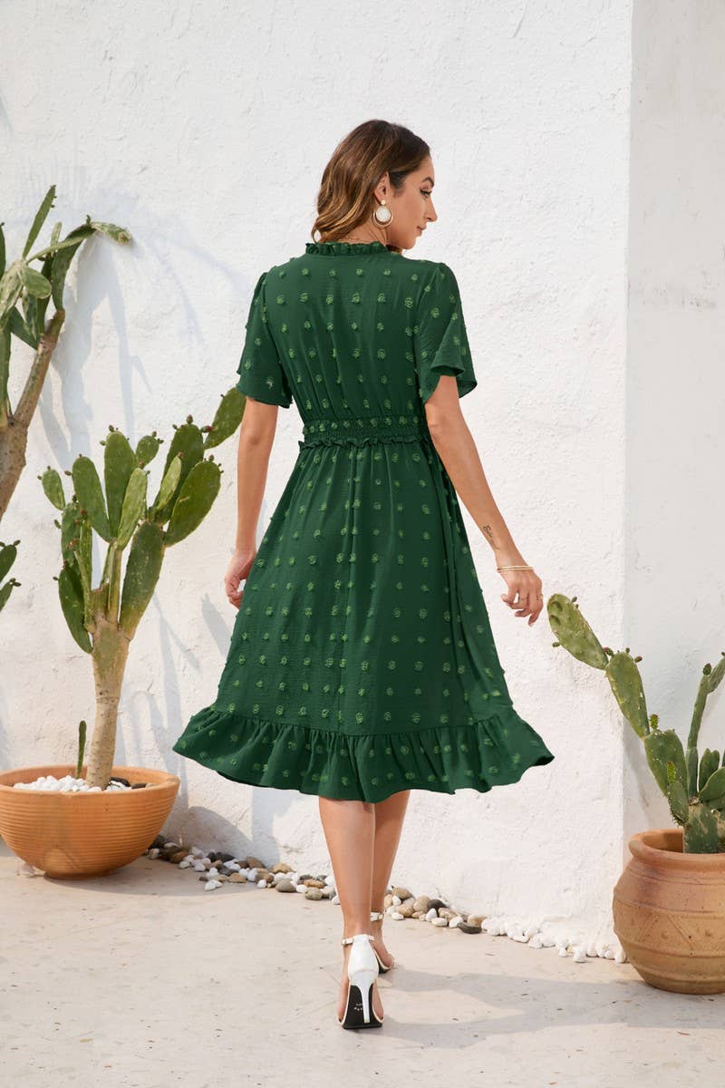 CWDMD2141_V-NECK HIGH-WAISTED LACE-UP DRESS