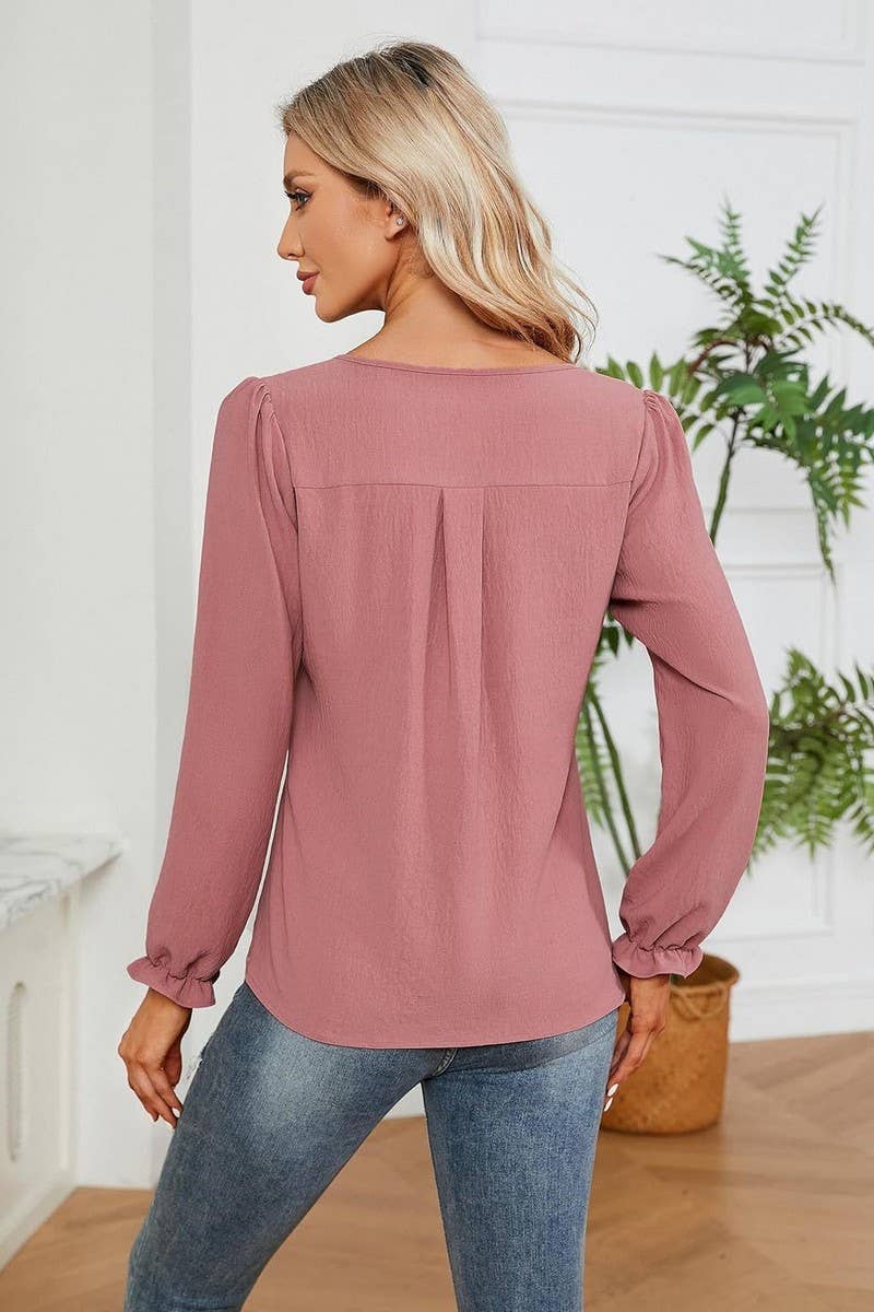 CWTBLL4004_SOLID V-NECK LONG SLEEVE PLEATED CHIFFON BLOUSE