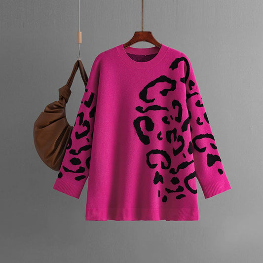 Crew-neck pullover leopard print long-sleeved base