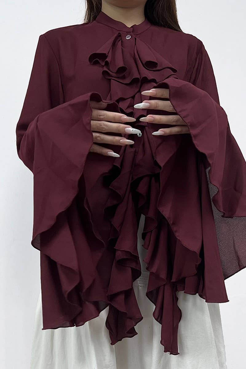 CWTBLL00603_BURGUNDY RUFFLED LONG-SLEEVED SHIRT