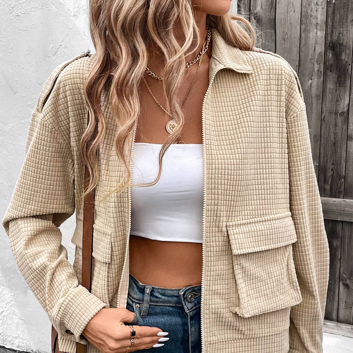Casual texture zip-up coat with lapel
